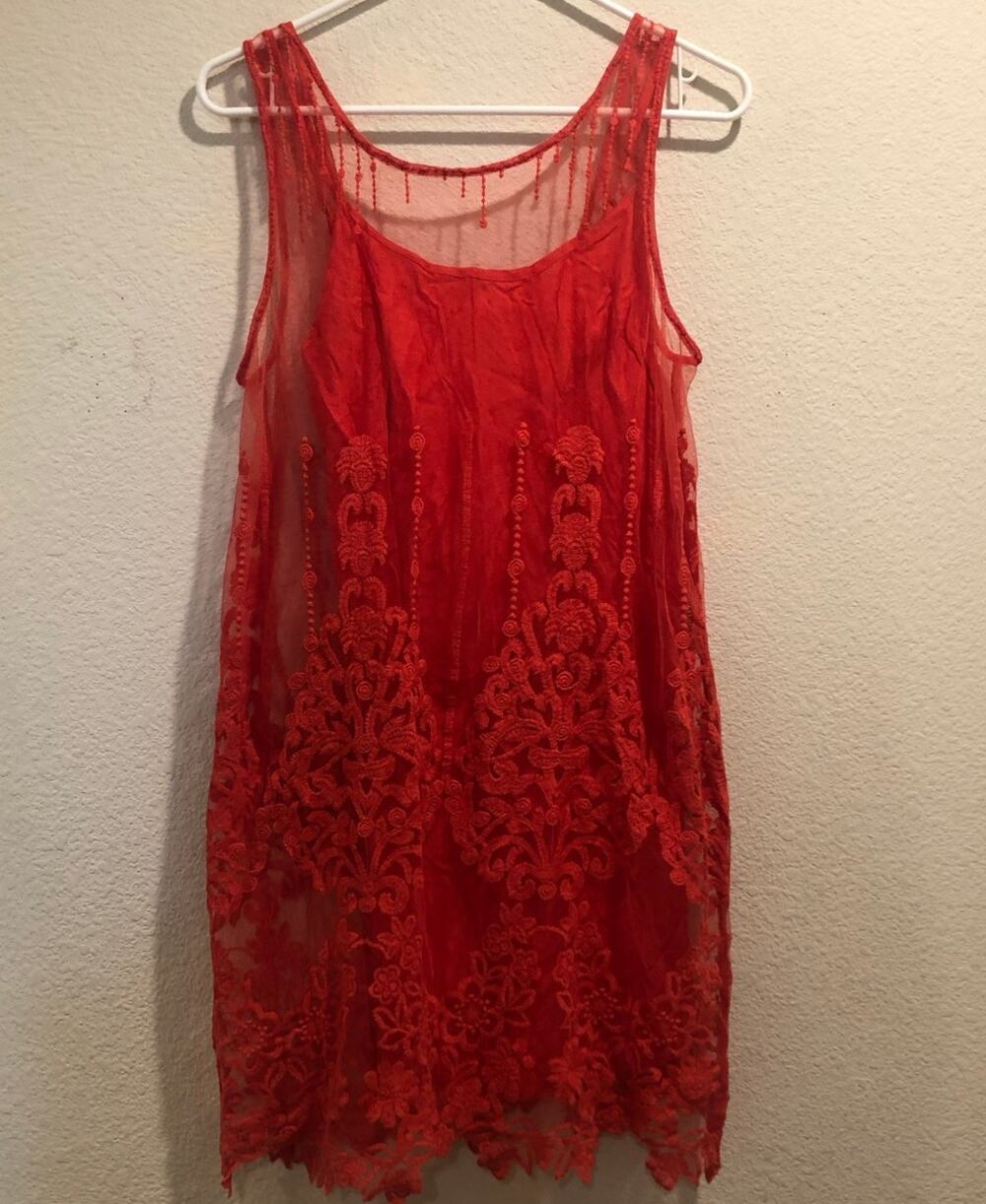 Free People Red Lace Overlay Embroidered Sleeveless Mini Dress Size S